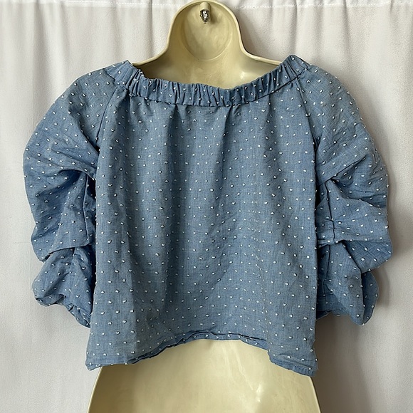 Romeo & Juliet Couture Light Blue Dotted Ruched 3/4 Sleeves Shirt Top **Size S** - Picture 2 of 4